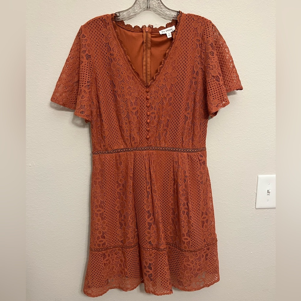Burnt orange lace, short sleeve dress